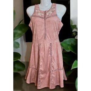 Skylar & Jade Dress Sleeveless Mauve Faux Suede Embroidered Lace Med Boho Lined